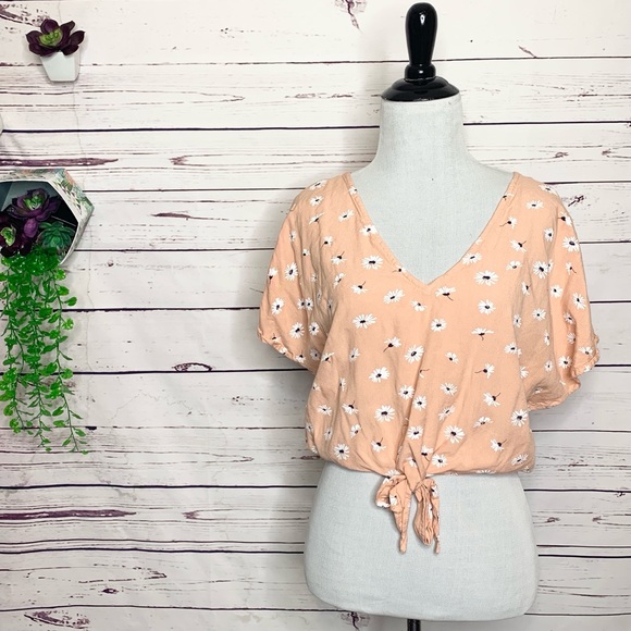 Sim & Sam Peach Floral Daisy Print Tie Front Crop Top Size Small - Picture 1 of 9